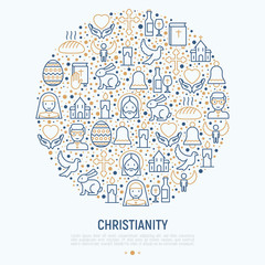 Wall Mural - Christianity concept in circle with thin line icons of priest, church, nun, crucifixion, Jesus, bible, dove. Vector illustration for banner, web page, print media.