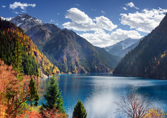 Sticker - Amazing view of the Long Lake among snow-capped mountains