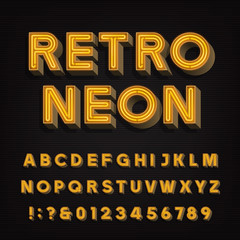 Aufkleber - Retro sign alphabet. 3D vintage neon letters and numbers. Signboard font. Stock vector typeface for your headers and any typography design.