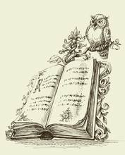 Open Book Vintage Stand And Cute Owl Symbol Of Wisdom