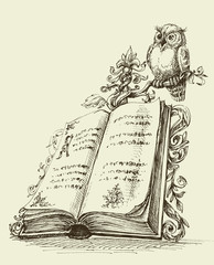 Open book vintage stand and cute owl symbol of wisdom