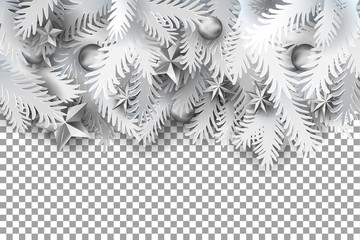 Wall Mural - Realistic white paper art cut out pine, fir, spruce Christmas tree branches decorated balls and stars on on transparent. Vintage horizontal banner. Vector illustartion