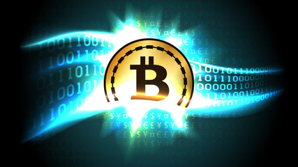 Poster - symbol of cryptocurrency bitcoin exchanges currency signs for binary code, well organized layers