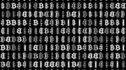Poster - grid of rotating bitcoins. cinematic background. 3d animation. seamless loop.