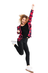 Sticker - Excited young lady jumping isolated