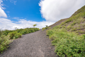 Wall Mural - Green slopes of the dormant crater of Masaya Nindiri Vocano duo near Masaya, Nicaragua. Blue sky background