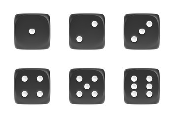 Poster - 3d rendering of a set of six black dice in front view with white dots showing different numbers.