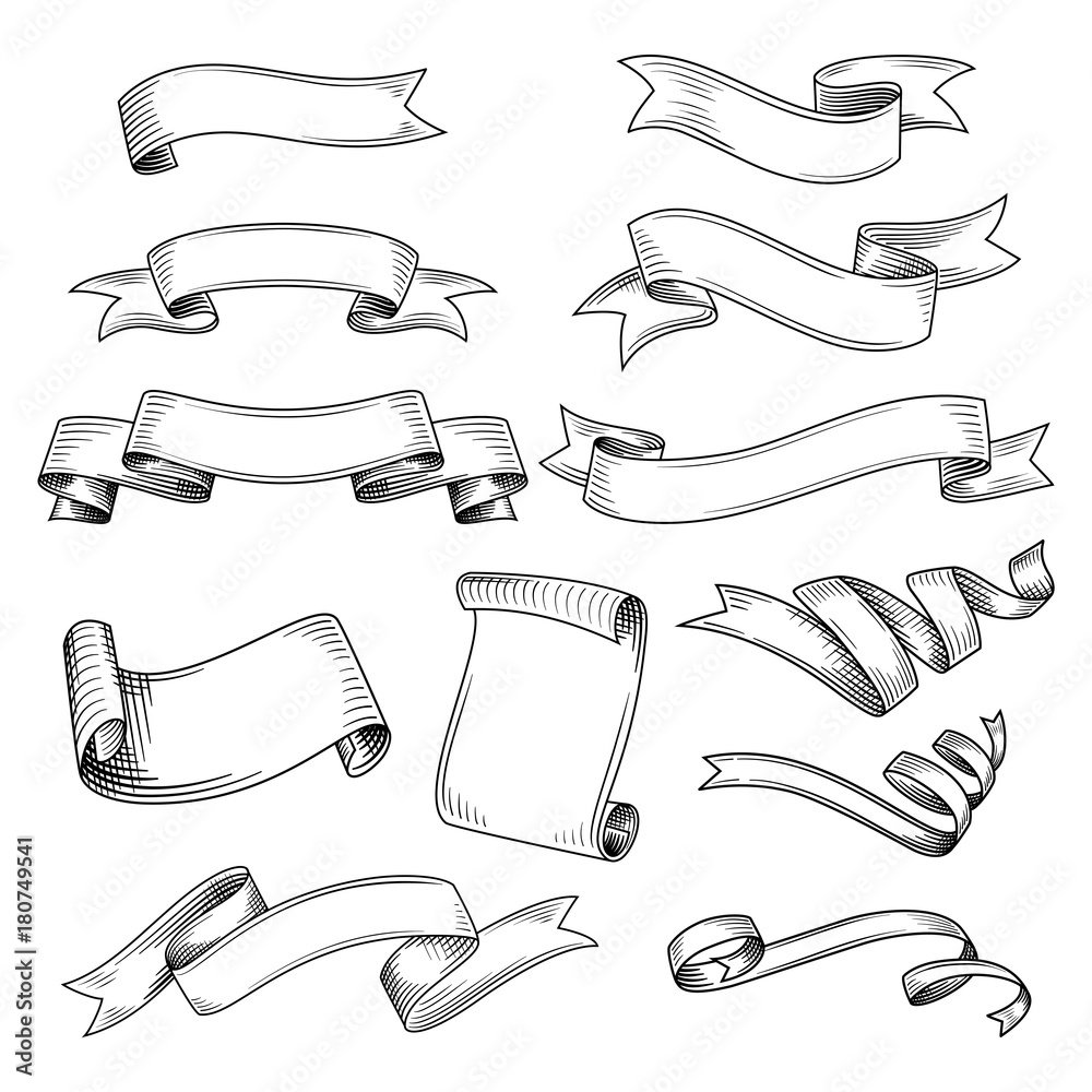 Hand drawn set of different ribbons. Design elements for greeting cards ...