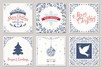 Wall Mural - ornate square winter holidays greeting cards with new year tree, reindeers, christmas ornaments, pea