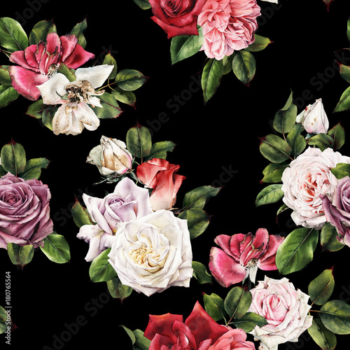 Seamless floral pattern with roses, watercolor.