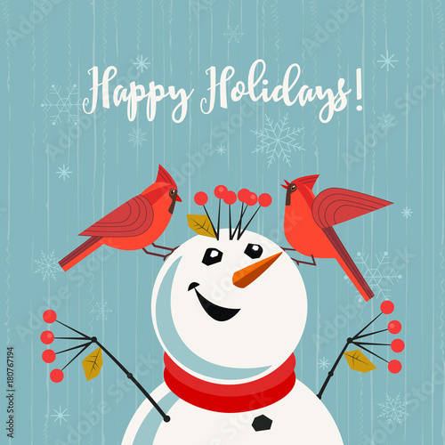 Happy Holidays Card Red Northern Cardinal Birds Comic Snowman Cute Cartoon Winter Birds Of Backyard City Garden Stylized Sign New Year Event Banner Background Christmas Greeting Vector Design Buy This Stock