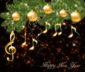 Wall Mural - Abstract New Year background with musical notes and treble clef on a Christmas tree branch