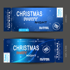 Wall Mural - Vector set of Christmas night party ticket on the blue gradient background with wave and snowfall.