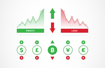 Up and down trading charts and currency icons