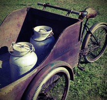 Two Old Milk Cans Transported By An Old Wagon