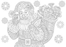 Coloring Page Of Santa Claus With Full Bag Of Holiday Gifts. Christmas Vintage Snowflakes. Freehand Sketch Drawing For 2018 Happy New Year Greeting Card Or Adult Antistress Coloring Book.