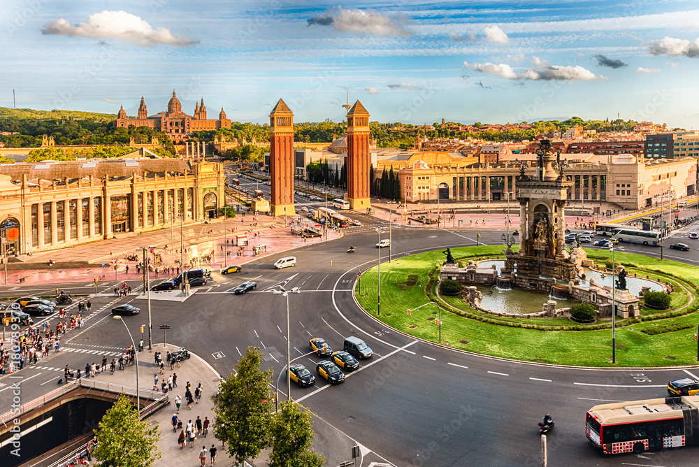 Obraz na płótnie Aerial view of Placa d'Espanya, landmark in Barcelona, Catalonia, Spain w salonie