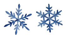 Set Of Two Dark Blue Watercolor Snowflakes Illustration. Holiday Traditional Decoration, Sign Of Winter, Cold Weather, Symbol Of Unique Beauty. Hand Painted Drawing, Isolated On White Background.