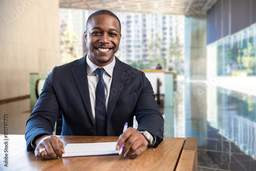 Fotografie, Obraz Charming warm friendly smile from stylish financial sales manager sitting at des