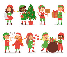 Christmas Elfs Kids Vector Children Santa Claus Helpers Cartoon Elfish Boys And Girls Young Characters Traditional Costume Celebrated