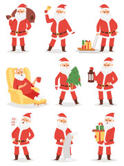 Wall Mural - Christmas Santa Claus vector character poses illustration Xmas man in red traditional costume and Santa hat