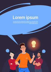 Poster - Group Of Men Thinking Point Finger To Light Bulb New Idea Concept Flat Vector Illustration