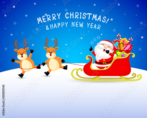 Cute Cartoon Santa Claus With Reindeer And Sleigh Merry Christmas And Happy New Year Illustration On Blue Background Buy This Stock Vector And Explore Similar Vectors At Adobe Stock Adobe Stock