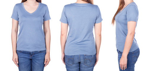 Canvas Print - woman in blue t-shirt isolated on white background