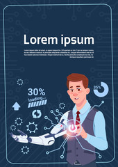 Poster - Business Man Cyborg With Modern Robot Hand Abstract Infographic Background Banner Flat Vector Illustration