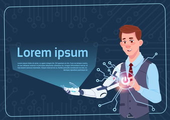 Poster - Business Man Cyborg With Modern Robot Hand Producing Digital Screen Abstract Background Banner Flat Vector Illustration