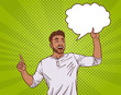 © mast3r - Mix Race Man Point Finger Up To Empty Chat Cloud Over Dot Pin Up Style Background Vector Illustration