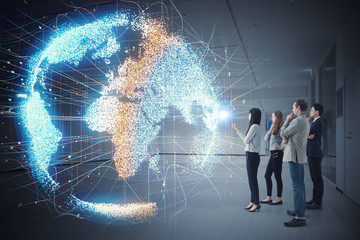 Poster - Group of people watching holographic of the earth. Astronomy concept.