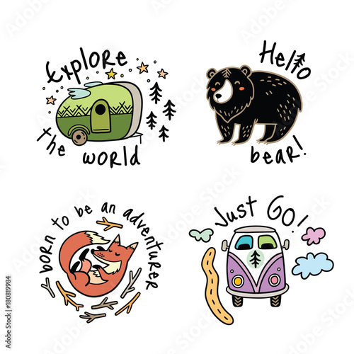 Vector set of cartoon emblems, logos or badges for camping Canvas Print