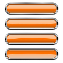 Rectangle orange buttons set with bold chrome frame. 3d shiny icons