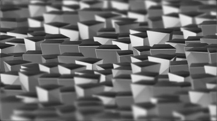 Poster - field of rotating cubes of depth of field. cinematic industrial background. 3d animation. seamless loop.