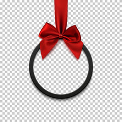 Sticker - Black round banner with red ribbon and bow.