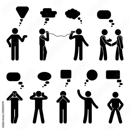 Stick Figure Dialog Speech Bubbles Set Talking Thinking Communicating Body Language Man 