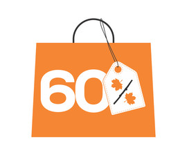 Wall Mural - Orange shopping bag with 60% text and a maple leaf percent design white price tag label on it isolated on white background. For autumn sale campaigns.