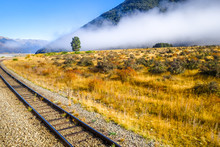 Railway In Mountain Fields Landscape, New Zealand