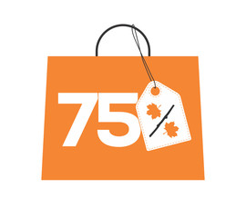 Wall Mural - Orange shopping bag with 75% text and a maple leaf percent design white price tag label on it isolated on white background. For autumn sale campaigns.