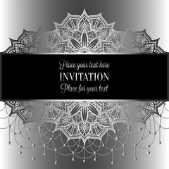 Wedding invitation or card , intricate mandala with beads on silver gray background.  metal isolated tracery, Islam, Arabic, Indian, Dubai.