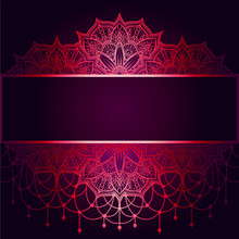 Wedding Invitation Or Card , Intricate Mandala With Beads On A Dark Purple Background. Pink Shades, Islam, Arabic, Indian, Dubai.