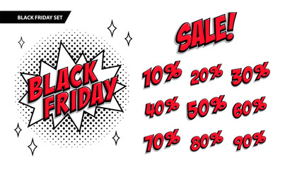 Wall Mural - Black Friday sale set. Black friday and sale inscription and all percent numbers. Black and red colors. Pop-art comics style web banner, flash animation.