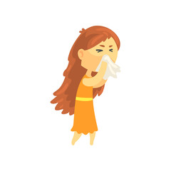 Sticker - Sick girl with long hair blowing her nose with a tissue, unwell teen needing medical help cartoon character vector illustration