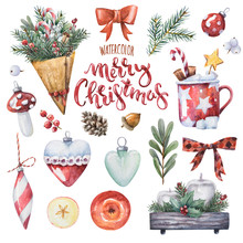 Bright Watercolor Merry Christmas Set Of Traditional Decor And Elements. Spices, Decoration, Cookies, Cocoa, Gifts And Plants. Elements Of A Christmas Mood On A White Background.