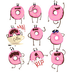 Wall Mural - Funny pink donut cartoon character set, cute doughnut with different emotions vector Illustrations