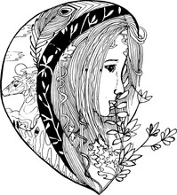 Stylized Girl With Ornament And Plant Motifs.