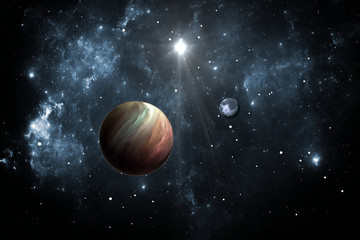 Exoplanets or Extrasolar planets with stars on background nebula, 3D illustration