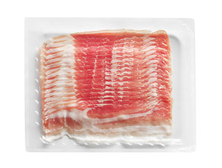 Wall Mural - Raw rashers of bacon in package, isolated on white