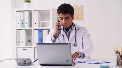 Poster - doctor with papers calling on phone at hospital